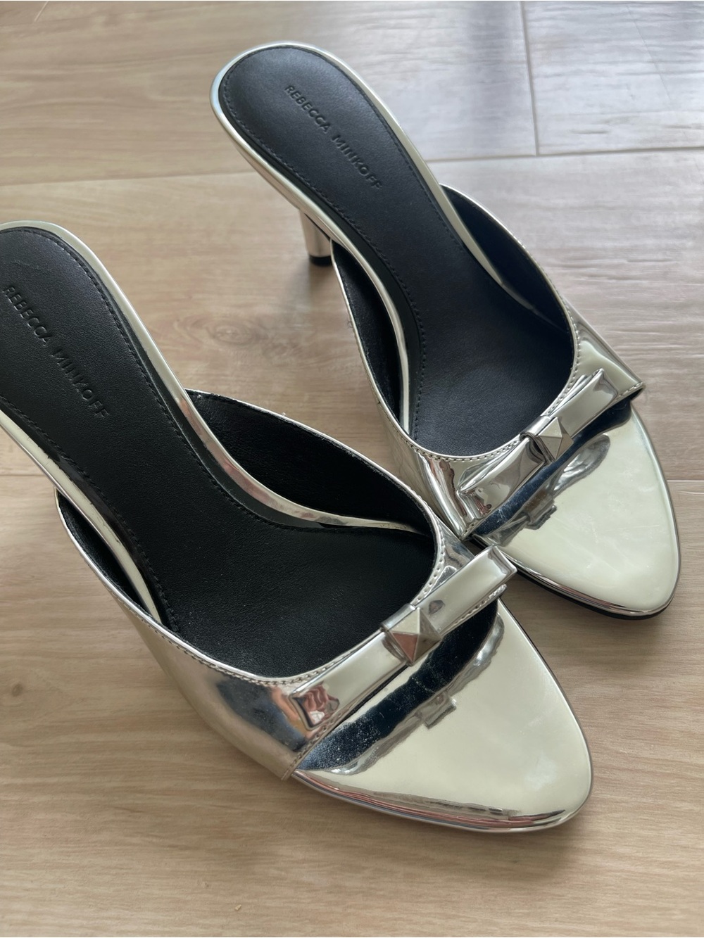 Rebecca Minkoff Silver Patent Slip-On Mules with Stud Accent